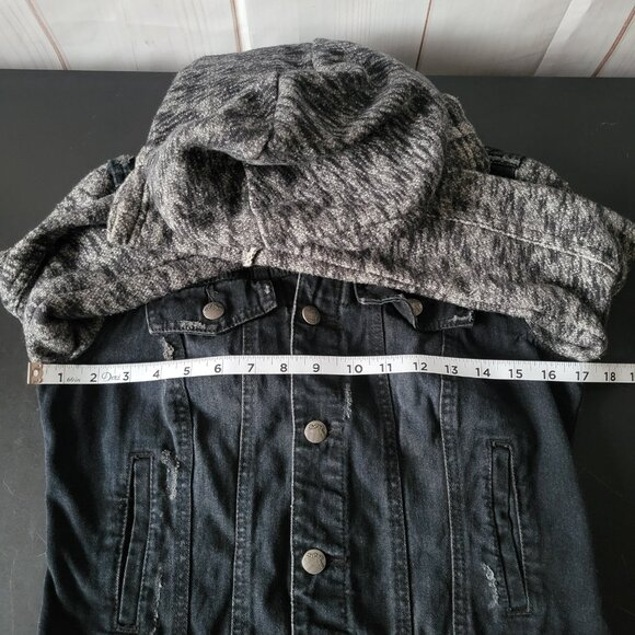 Free People Distressed Knit/Denim Jean Jacket, Women’s XS, Black, Removable Hood - Picture 9 of 10